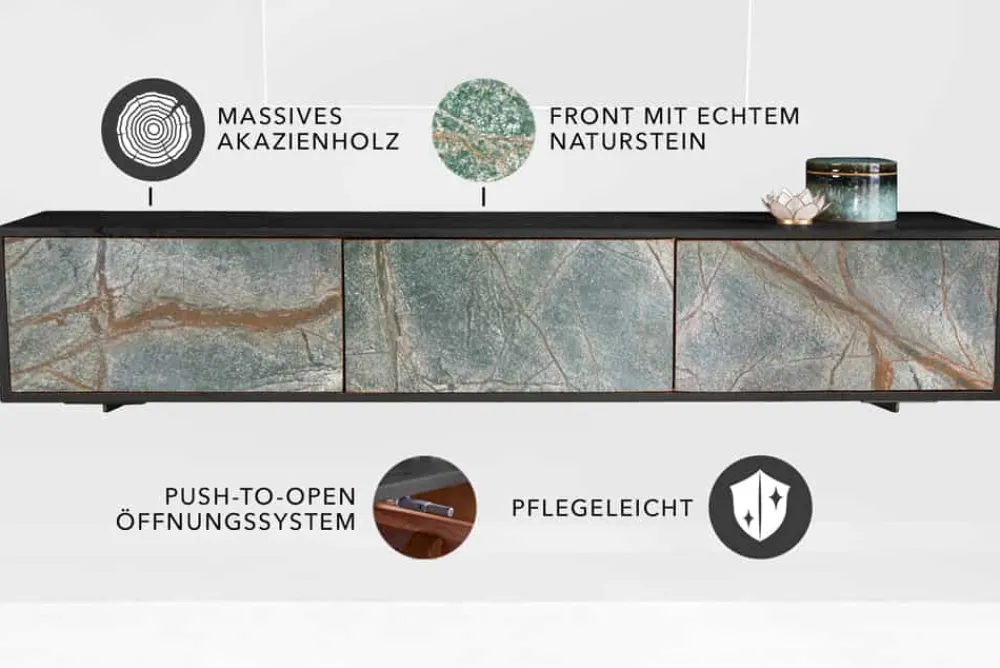 Riess-Ambiente Mehr...|Massivholzschränke > Massivholz TV Lowboard MOUNTAIN SOUL 160cm schwarz hängend echter Naturstein Akazie