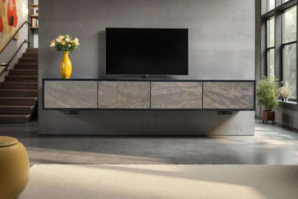 Riess-Ambiente Mehr...|Massivholzschränke > Massivholz TV-Lowboard MOUNTAIN SOUL 200cm Akazie grün bronze hängend Naturstein schwarz