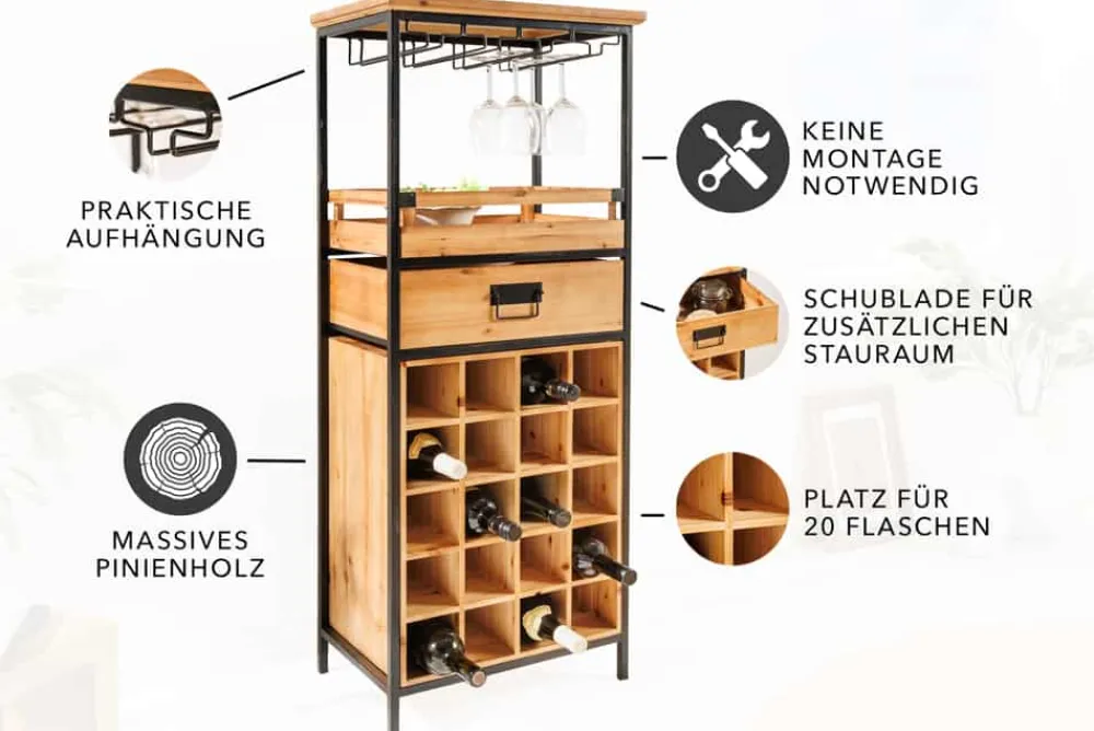 Riess-Ambiente Industrial Loft|Mehr... > Massivholz Weinregal SEVENS SEAS 120cm natur Pinienholz schwarz Metall Flaschenregal