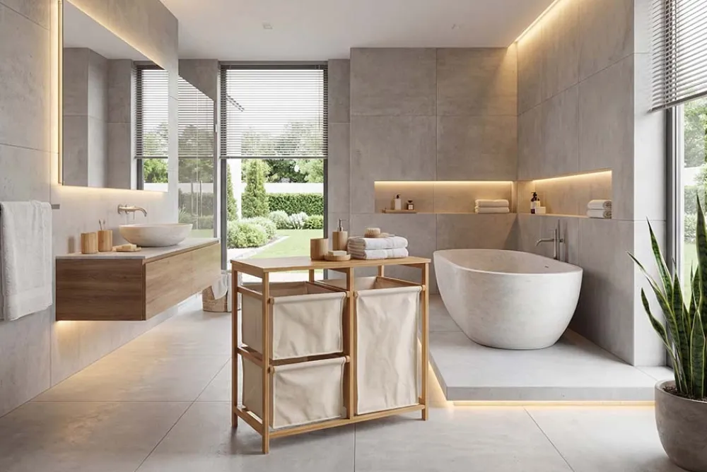 Riess-Ambiente Mehr...|Mehr... > Massivholz Wäschekorb LAGOON SPA 70cm natur beige Bambus drei Wäschebeutel waschbar