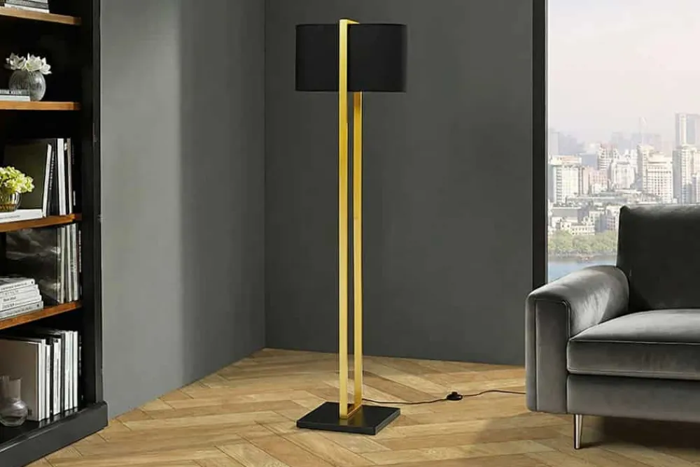 Riess-Ambiente Goldene Möbel|Stehleuchten > Minimalistische Stehlampe COLLEEN 160cm gold schwarz Stoffschirm mit Metallfuß