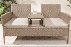 Riess-Ambiente Gartenbänke > Moderne Gartenbank PORTOFINO 140cm natur beige Polyrattan Sitzbank mit Tisch wetterfest