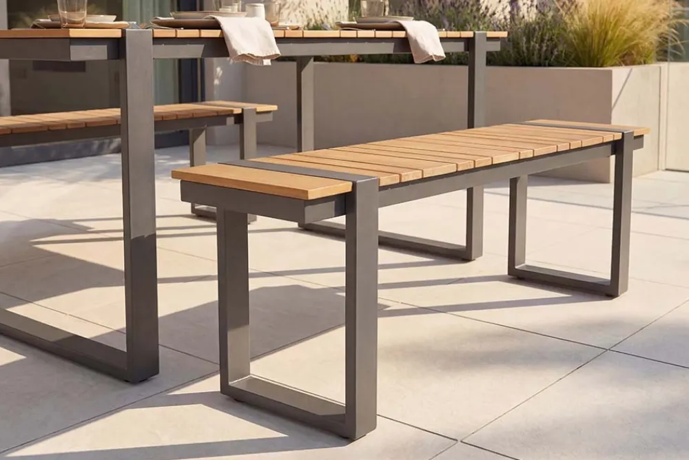 Riess-Ambiente Gartenbänke > Moderne Outdoor Sitzbank TAMPA LOUNGE 125cm grau natur Aluminium Metall Holz-Design wetterfest