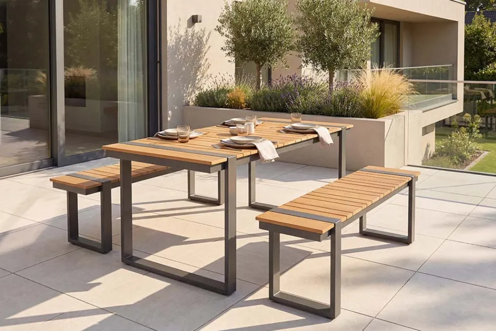 Riess-Ambiente Gartenbänke > Moderne Outdoor Sitzbank TAMPA LOUNGE 125cm grau natur Aluminium Metall Holz-Design wetterfest