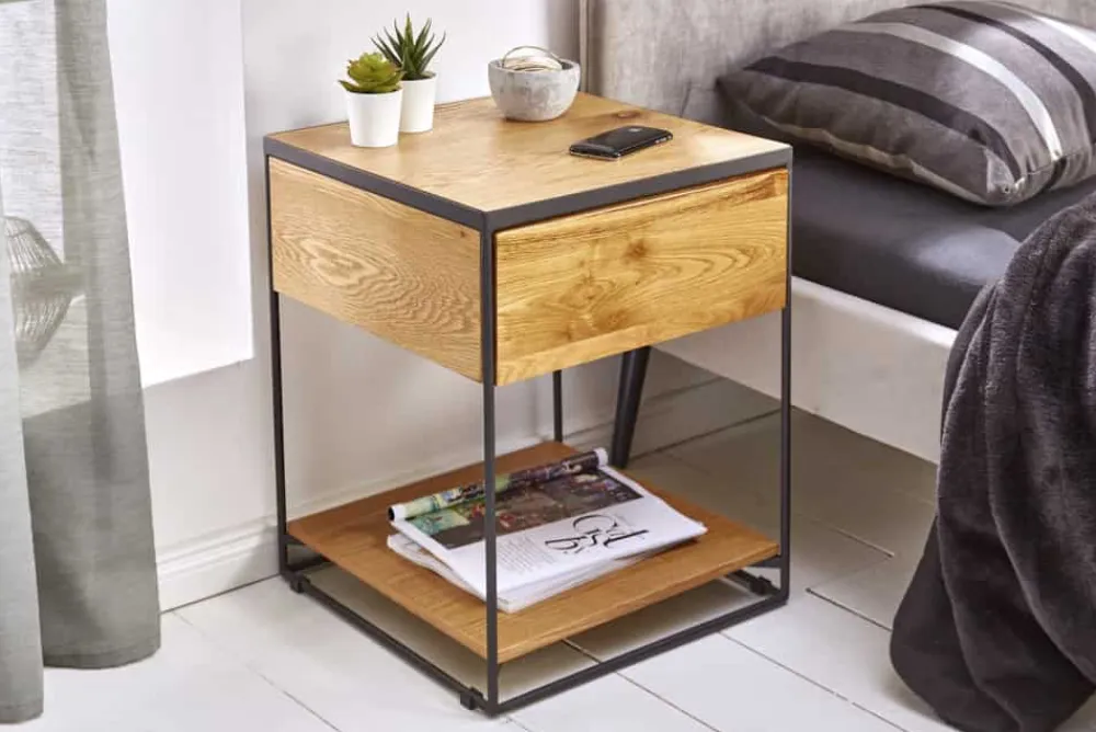 Riess-Ambiente Beistelltische|Industrial Loft > Moderner Beistelltisch SCORPION 50cm Wildeichen-Design Metall Nachttisch mit Schublade