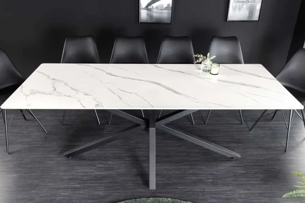 Riess-Ambiente Esstische > Moderner Esstisch GALAXIE 160cm weiß Keramik Marmor-Design glänzend Metallgestell schwarz