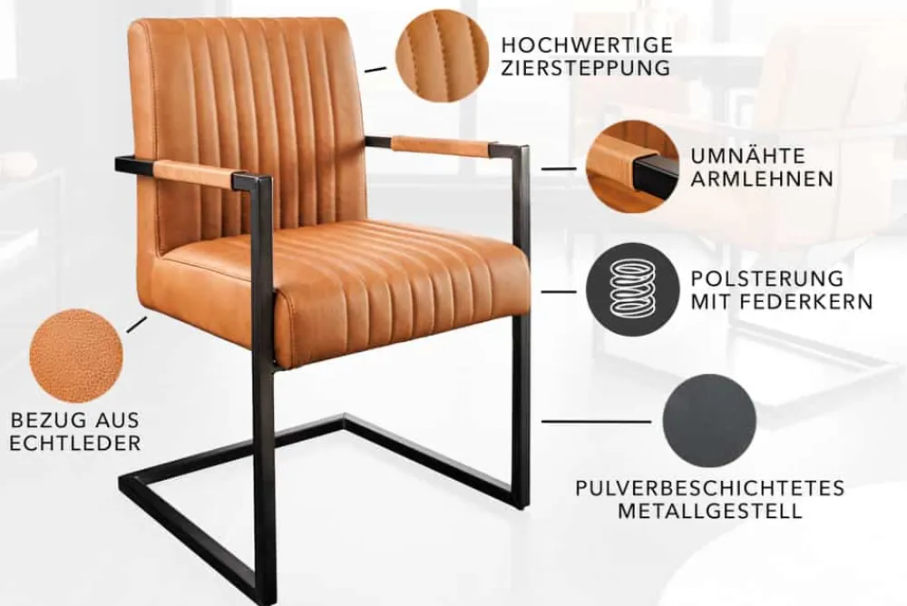 Riess-Ambiente Freischwinger|Stühle > Moderner Freischwinger Stuhl BIG ASTON Echtleder vintage cognac Taschenfederkern Metall