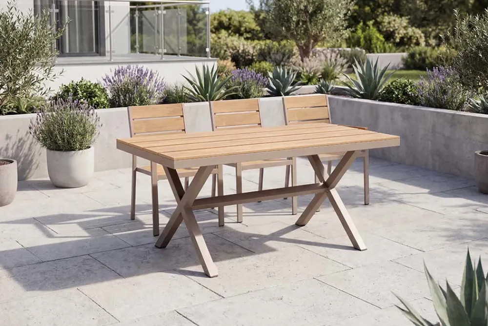 Riess-Ambiente Gartentische > Moderner Gartentisch DESIGNO 150cm natur greige Aluminium wetterfest X-Gestell