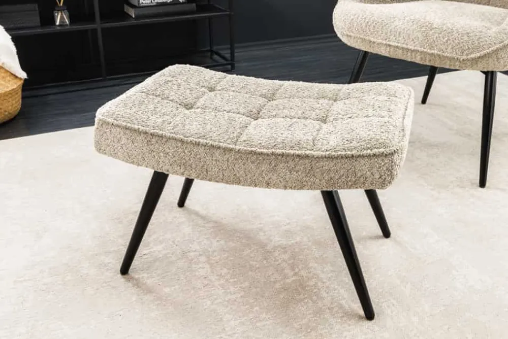 Riess-Ambiente Skandinavisch|Sessel > Moderner Hocker SCANDINAVIA champagner greige Bouclé schwarze Metallbeine Fußhocker
