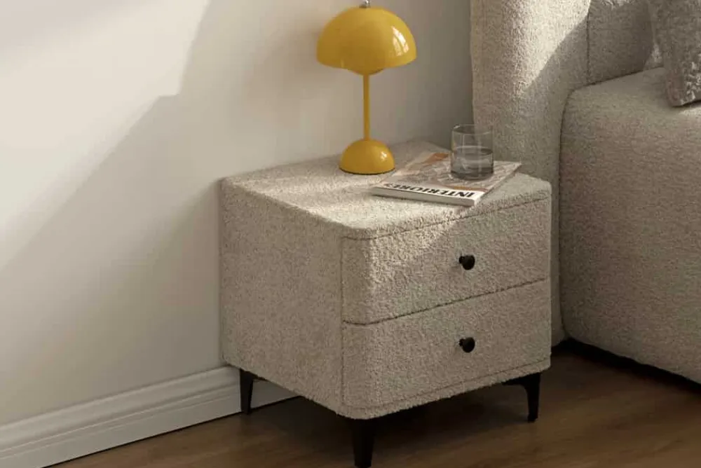 Riess-Ambiente Retro Möbel|Nachttische > Moderner Nachttisch ART DECO 45cm greige Bouclé mit Schubladen schwarz Metall