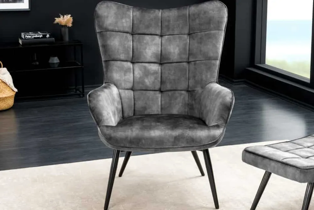 Riess-Ambiente Skandinavisch|Loungesessel > Moderner Sessel SCANDINAVIA grau Samt schwarze Metallbeine mit Armlehnen