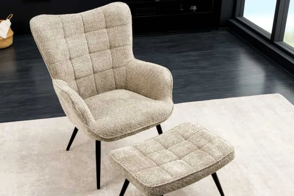 Riess-Ambiente Skandinavisch|Loungesessel > Moderner Sessel SCANDINAVIA champagner greige Bouclé mit Armlehnen