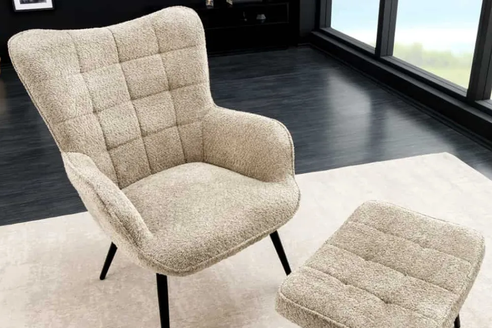 Riess-Ambiente Skandinavisch|Loungesessel > Moderner Sessel SCANDINAVIA champagner greige Bouclé mit Armlehnen