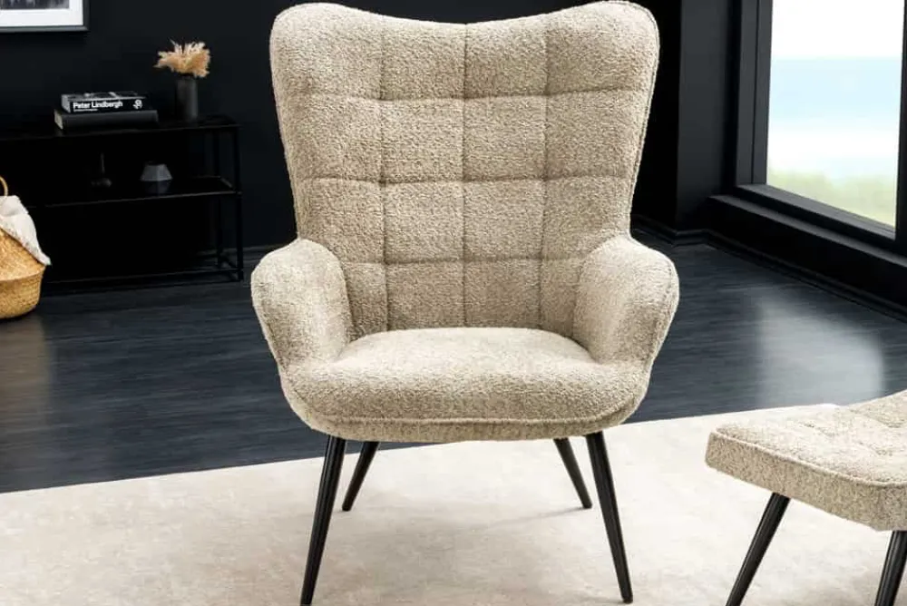 Riess-Ambiente Skandinavisch|Loungesessel > Moderner Sessel SCANDINAVIA champagner greige Bouclé mit Armlehnen