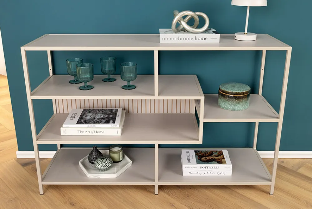 Riess-Ambiente Skandinavisch|Standregale > Modernes Bücherregal SLIM LINE 115cm champagner beige Metallgestell fünf Regalböden
