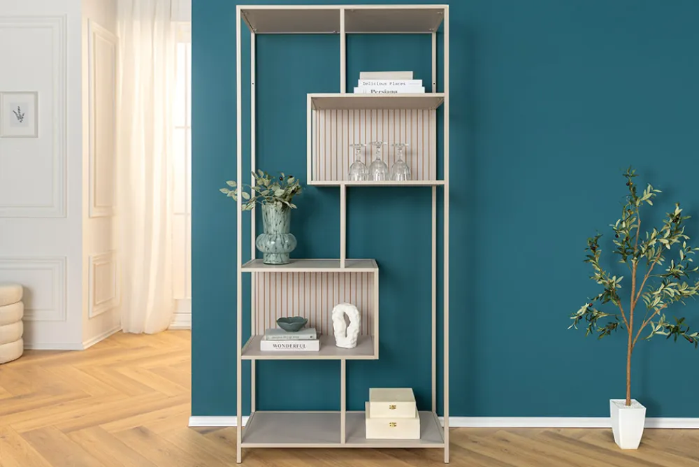 Riess-Ambiente Skandinavisch|Standregale > Modernes Bücherregal SLIM LINE 185cm champagner beige Metallgestell sechs Regalböden