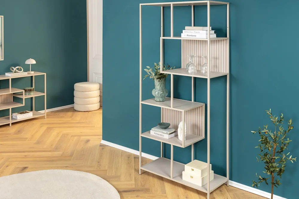 Riess-Ambiente Skandinavisch|Standregale > Modernes Bücherregal SLIM LINE 185cm champagner beige Metallgestell sechs Regalböden
