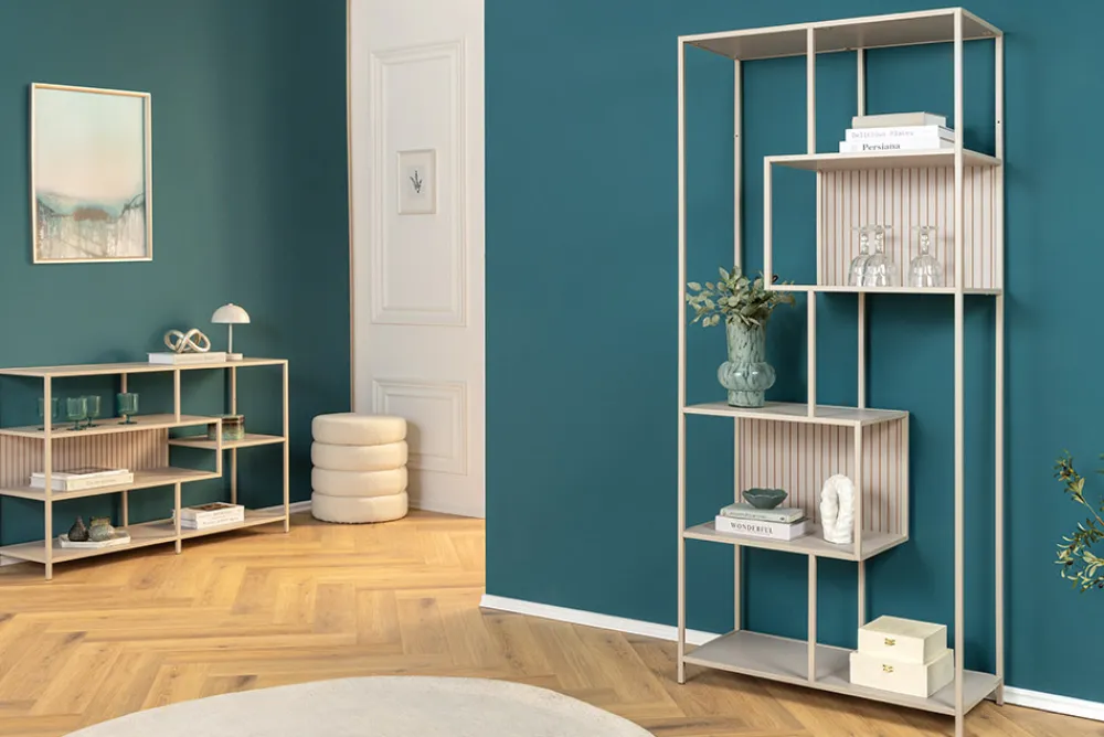 Riess-Ambiente Skandinavisch|Standregale > Modernes Bücherregal SLIM LINE 185cm champagner beige Metallgestell sechs Regalböden