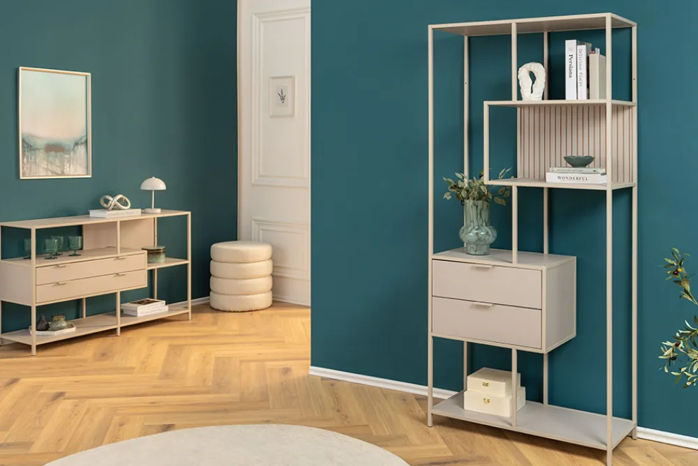 Riess-Ambiente Skandinavisch|Standregale > Modernes Bücherregal SLIM LINE 185cm champagner beige Metall mit Schubladen