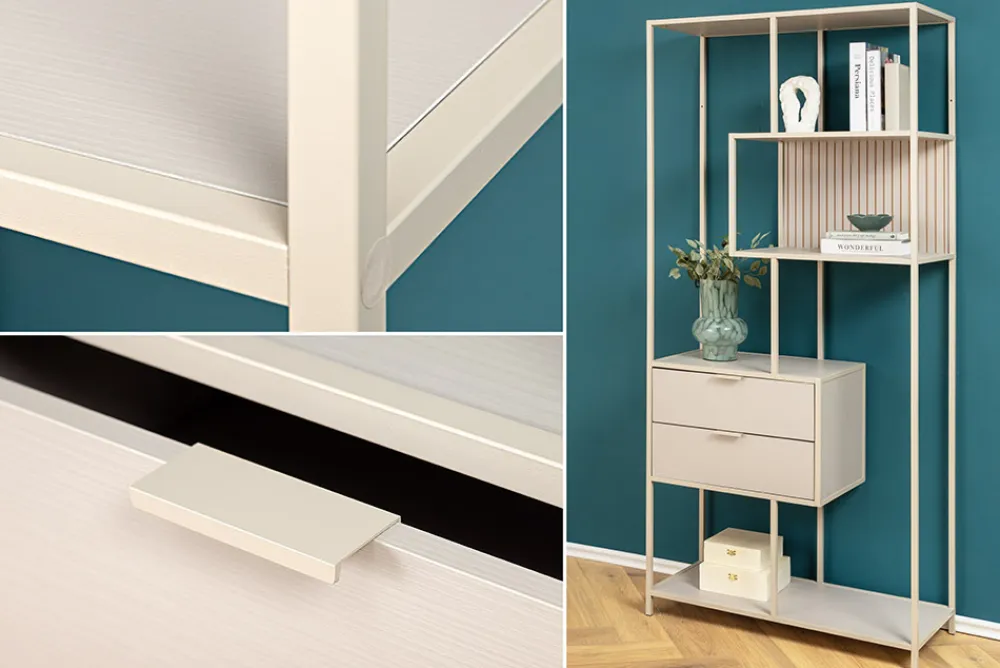 Riess-Ambiente Skandinavisch|Standregale > Modernes Bücherregal SLIM LINE 185cm champagner beige Metall mit Schubladen