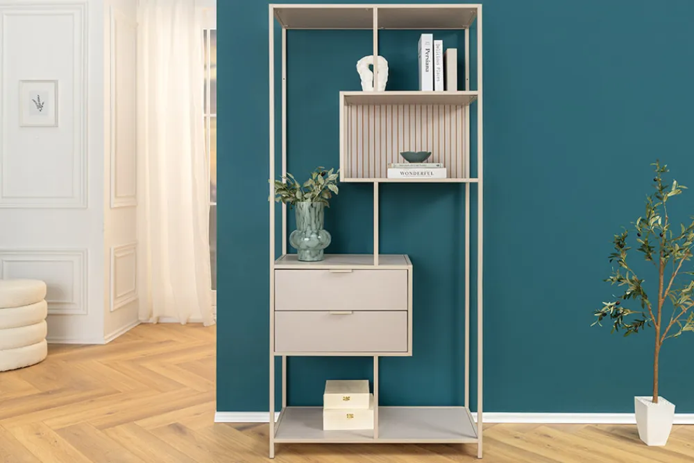 Riess-Ambiente Skandinavisch|Standregale > Modernes Bücherregal SLIM LINE 185cm champagner beige Metall mit Schubladen