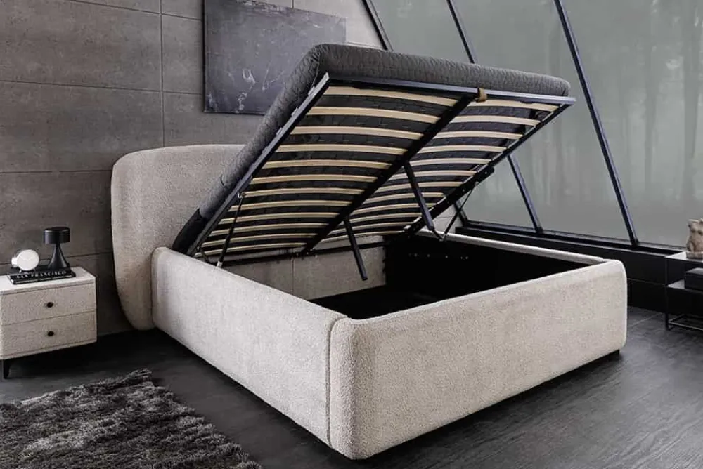 Riess-Ambiente Skandinavisch > Modernes Boxbett ART DECO 180x200cm greige Bouclé mit Stauraum und Lattenrost