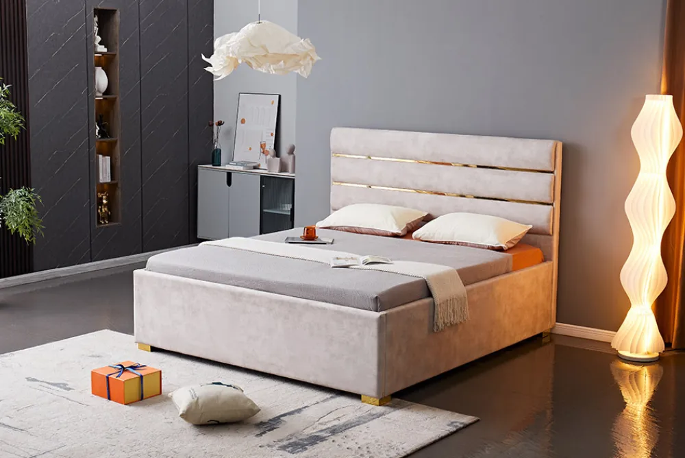 Riess-Ambiente Boxbetten|Samt Möbel > Modernes Boxbett METROPOLITAN 180x200cm beige Samt mit Lattenrost und Stauraum