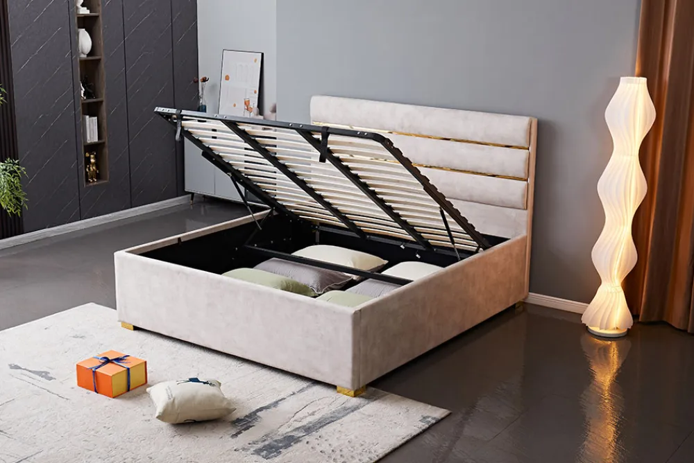 Riess-Ambiente Boxbetten|Samt Möbel > Modernes Boxbett METROPOLITAN 180x200cm beige Samt mit Lattenrost und Stauraum