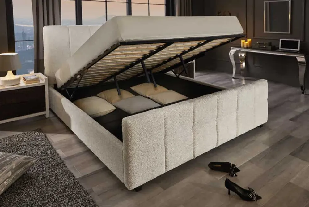 Riess-Ambiente Boxbetten|Skandinavisch > Modernes Boxbett PRESTIGE 180x200cm creme Bouclè mit Stauraum und Lattenrost