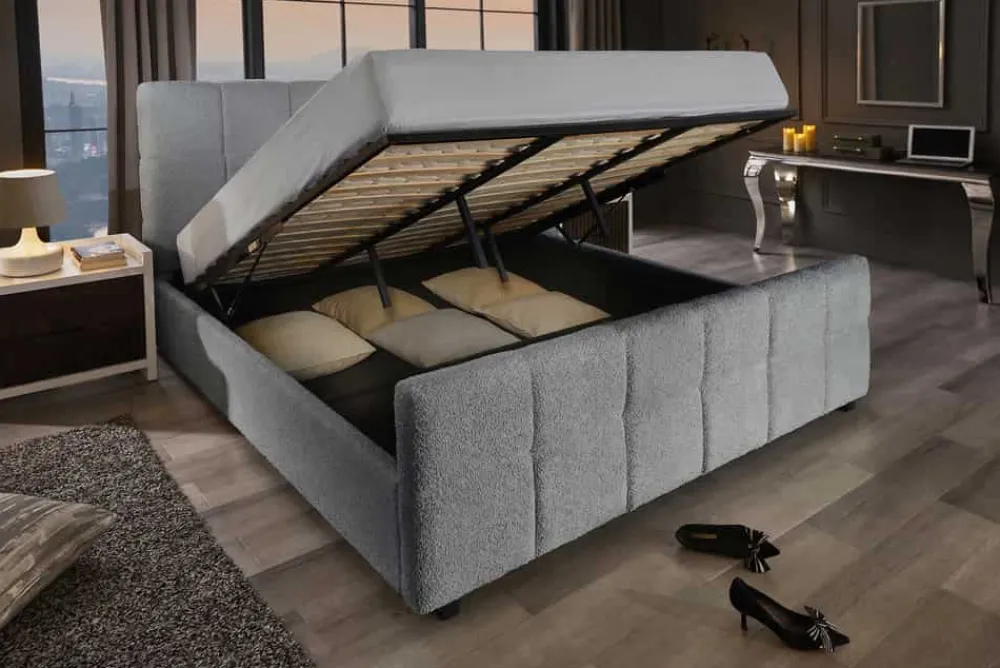 Riess-Ambiente Boxbetten|Skandinavisch > Modernes Boxbett PRESTIGE 180x200cm grau Bouclé mit Stauraum und Lattenrost