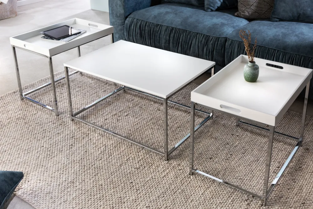 Riess-Ambiente Beistelltische|Couchtische & Truhen > Modernes Couchtisch 3er Set ELEMENTS 75cm weiß Chrom abnehmbares Tablett