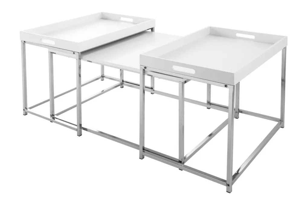 Riess-Ambiente Beistelltische|Couchtische & Truhen > Modernes Couchtisch 3er Set ELEMENTS 75cm weiß Chrom abnehmbares Tablett