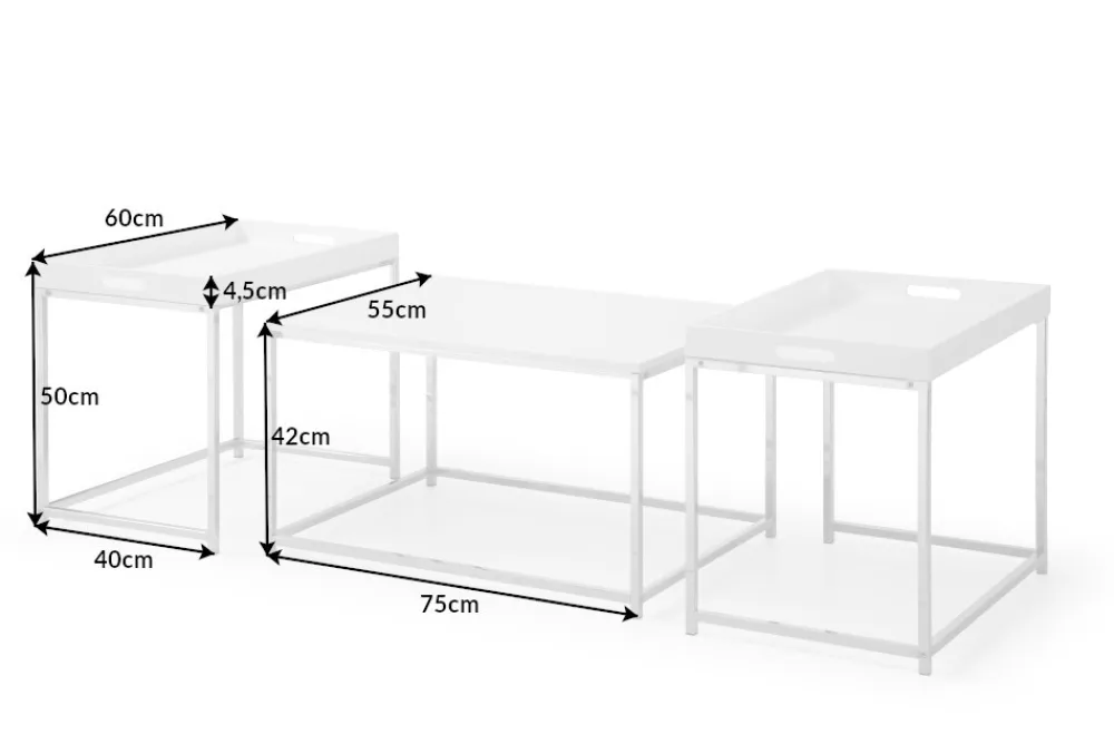 Riess-Ambiente Beistelltische|Couchtische & Truhen > Modernes Couchtisch 3er Set ELEMENTS 75cm weiß Chrom abnehmbares Tablett