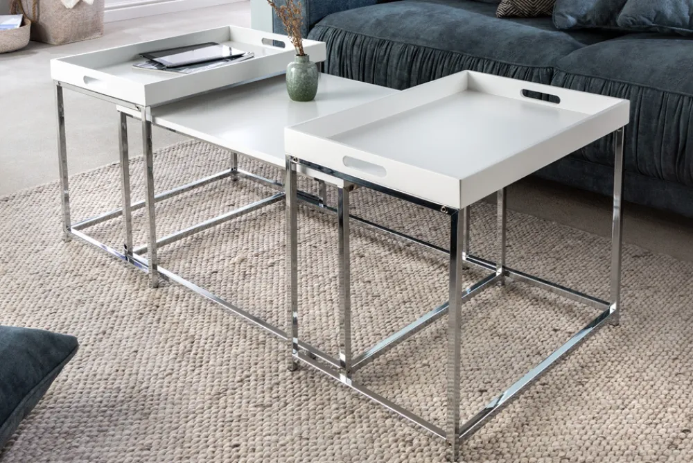 Riess-Ambiente Beistelltische|Couchtische & Truhen > Modernes Couchtisch 3er Set ELEMENTS 75cm weiß Chrom abnehmbares Tablett