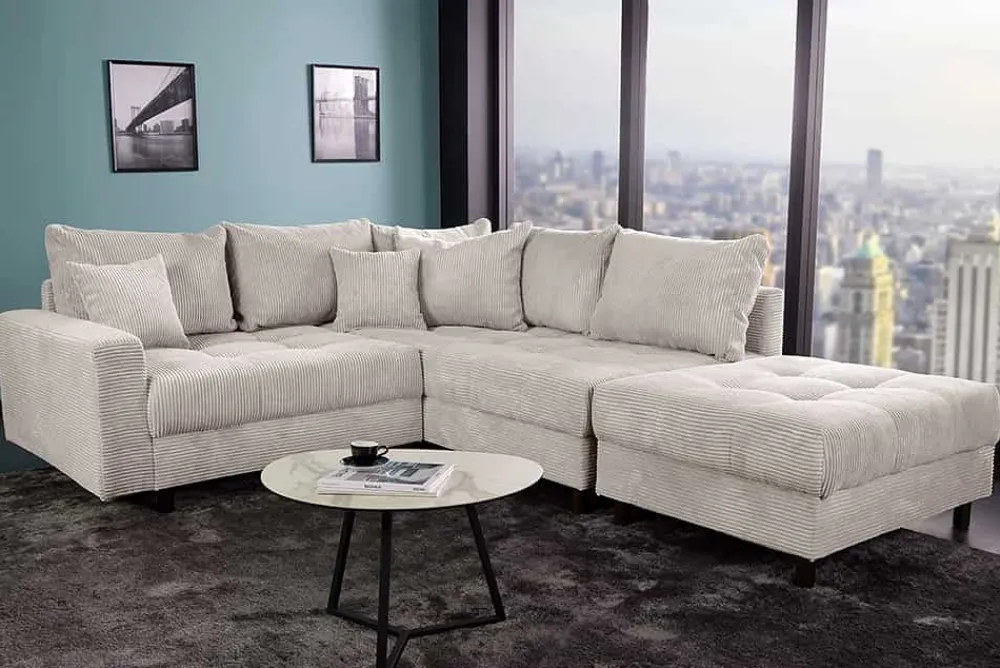 Riess-Ambiente Skandinavisch|Xxl Sofa > Modernes Ecksofa KENT 220cm beige Cord inkl. Hocker Federkern L-Form Wohnlandschaft
