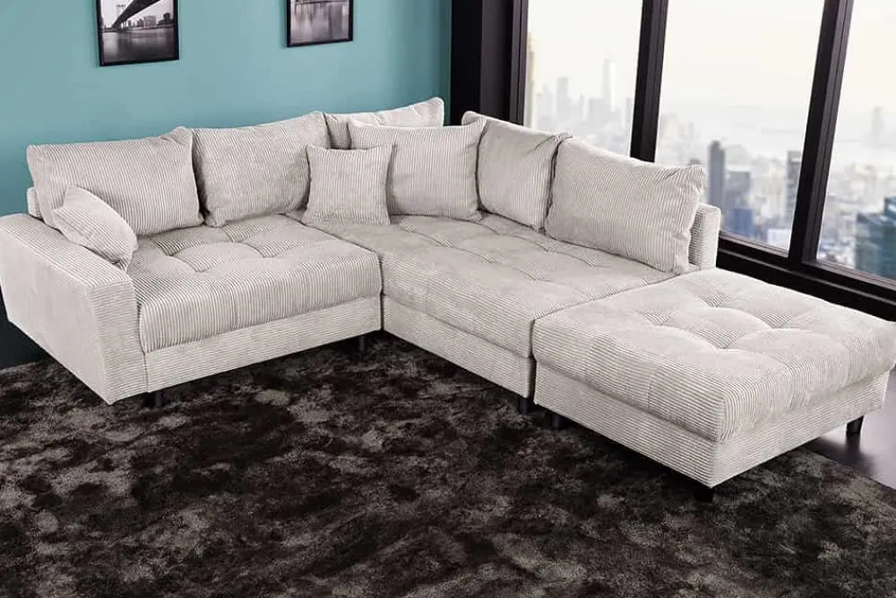 Riess-Ambiente Skandinavisch|Xxl Sofa > Modernes Ecksofa KENT 220cm beige Cord inkl. Hocker Federkern L-Form Wohnlandschaft