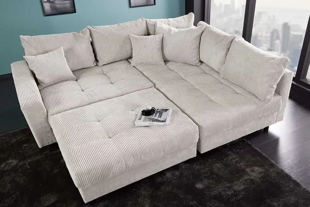 Riess-Ambiente Skandinavisch|Xxl Sofa > Modernes Ecksofa KENT 220cm beige Cord inkl. Hocker Federkern L-Form Wohnlandschaft