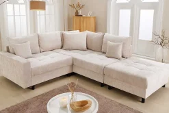 Riess-Ambiente Skandinavisch|Ecksofa > Modernes Ecksofa KENT 220cm champagner beige Chenille Cremona Federkern Wohnlandschaft mit Hocker