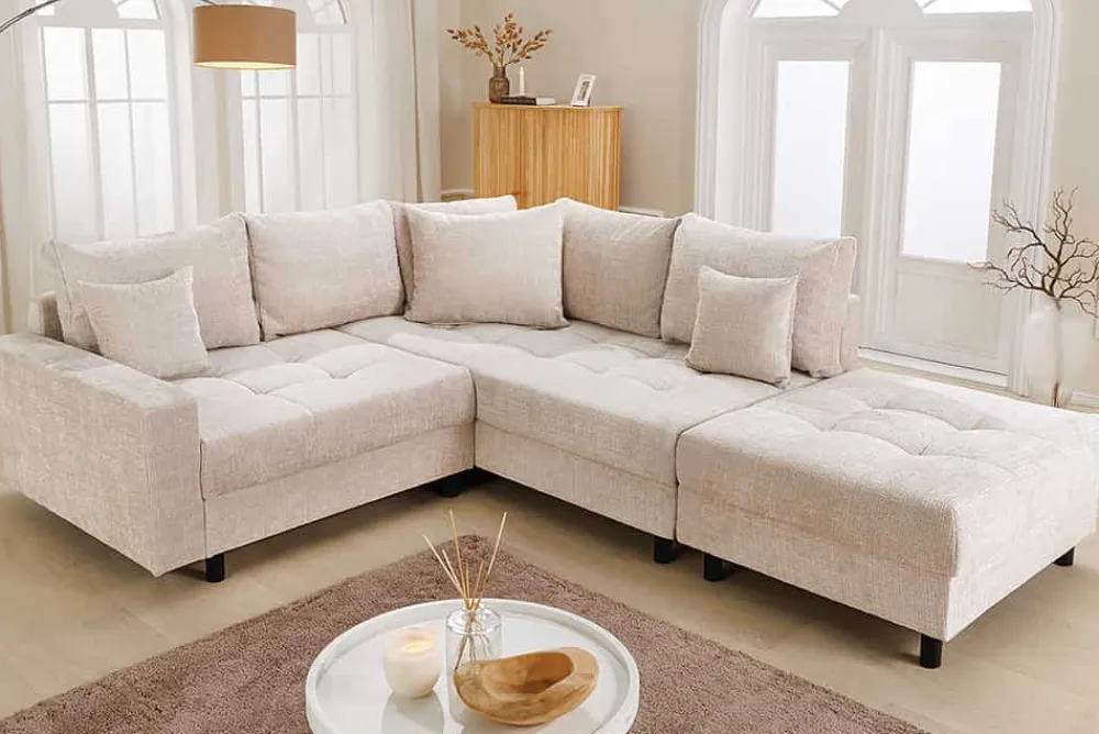Riess-Ambiente Skandinavisch|Ecksofa > Modernes Ecksofa KENT 220cm champagner beige Chenille Cremona Federkern Wohnlandschaft mit Hocker