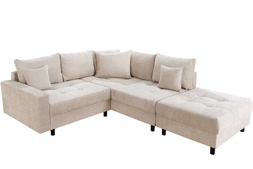 Riess-Ambiente Skandinavisch|Ecksofa > Modernes Ecksofa KENT 220cm champagner beige Chenille Cremona Federkern Wohnlandschaft mit Hocker