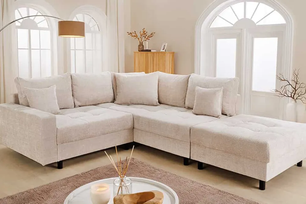 Riess-Ambiente Skandinavisch|Ecksofa > Modernes Ecksofa KENT 220cm champagner beige Chenille Cremona Federkern Wohnlandschaft mit Hocker