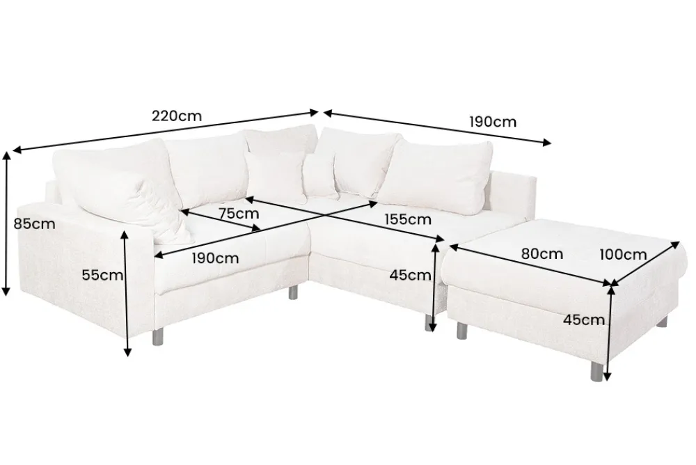 Riess-Ambiente Skandinavisch|Ecksofa > Modernes Ecksofa KENT 220cm champagner beige Chenille Cremona Federkern Wohnlandschaft mit Hocker