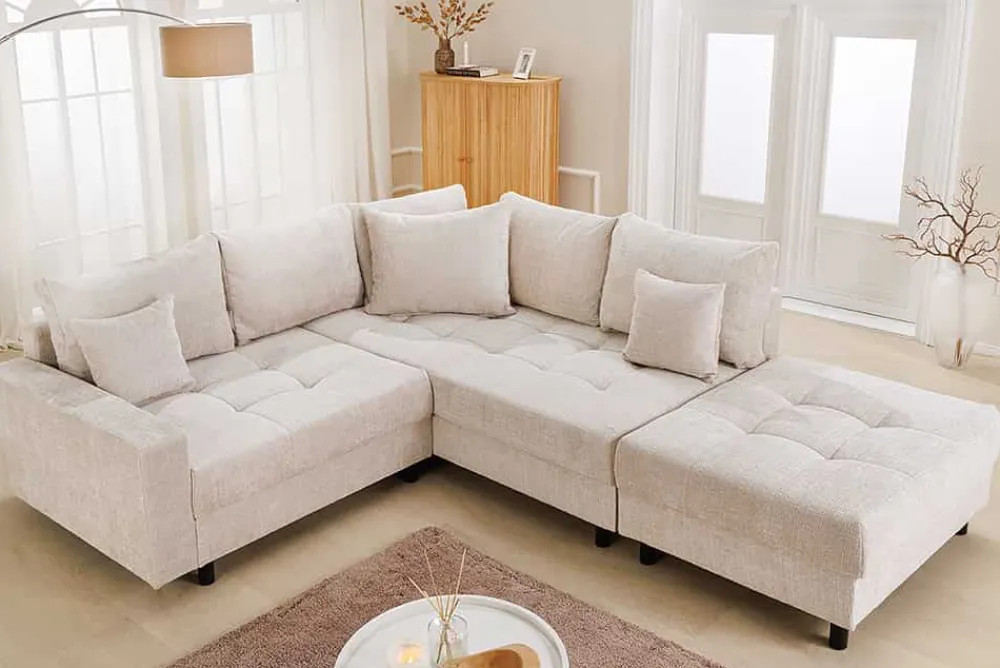 Riess-Ambiente Skandinavisch|Ecksofa > Modernes Ecksofa KENT 220cm champagner beige Chenille Cremona Federkern Wohnlandschaft mit Hocker