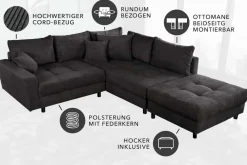 Riess-Ambiente Skandinavisch|Ecksofa > Modernes Ecksofa KENT 220cm dunkelgrau Cord inklusive Hocker Federkern Wohnlandschaft