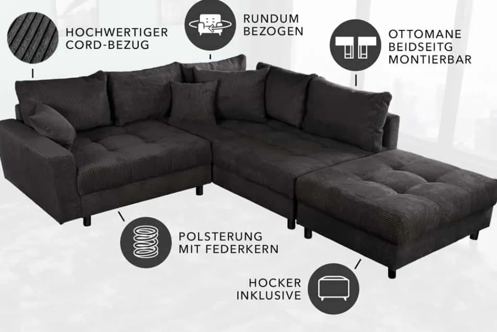 Riess-Ambiente Skandinavisch|Ecksofa > Modernes Ecksofa KENT 220cm dunkelgrau Cord inklusive Hocker Federkern Wohnlandschaft