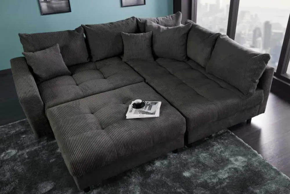 Riess-Ambiente Skandinavisch|Ecksofa > Modernes Ecksofa KENT 220cm dunkelgrau Cord inklusive Hocker Federkern Wohnlandschaft