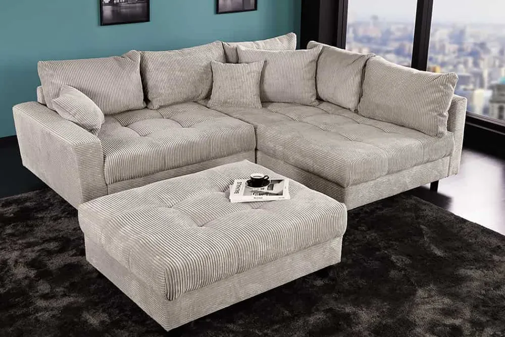 Riess-Ambiente Skandinavisch|Xxl Sofa > Modernes Ecksofa KENT 220cm greige Cord inkl. Hocker Federkern L-Form Wohnlandschaft