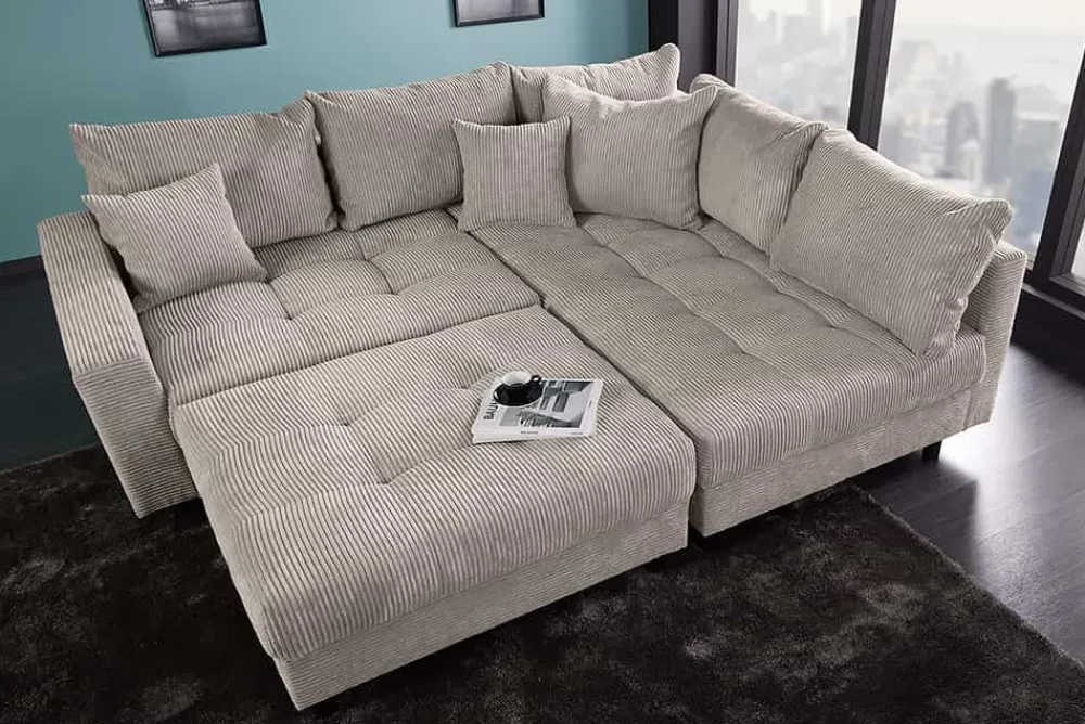 Riess-Ambiente Skandinavisch|Xxl Sofa > Modernes Ecksofa KENT 220cm greige Cord inkl. Hocker Federkern L-Form Wohnlandschaft