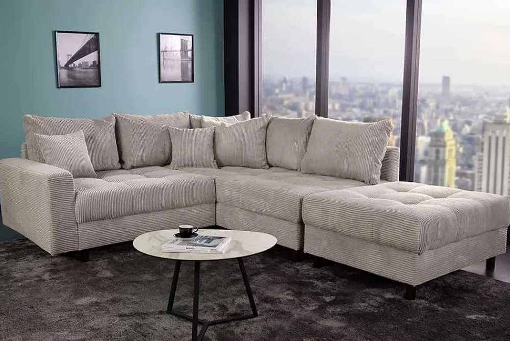 Riess-Ambiente Skandinavisch|Xxl Sofa > Modernes Ecksofa KENT 220cm greige Cord inkl. Hocker Federkern L-Form Wohnlandschaft