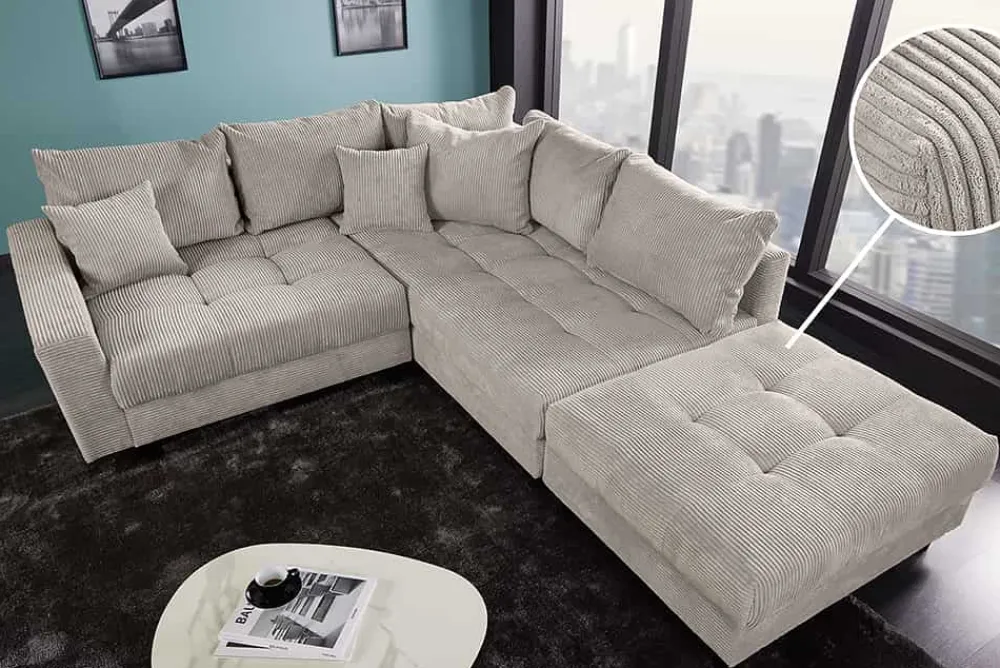 Riess-Ambiente Skandinavisch|Xxl Sofa > Modernes Ecksofa KENT 220cm greige Cord inkl. Hocker Federkern L-Form Wohnlandschaft